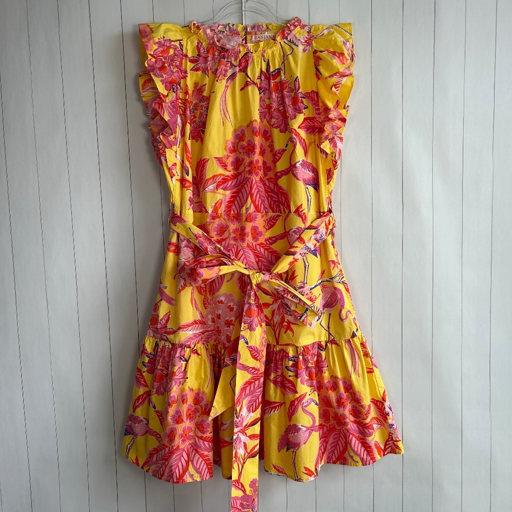 Banjanan size L Bulbuls sister ruffle dress yellow flamingo print tiered cotton